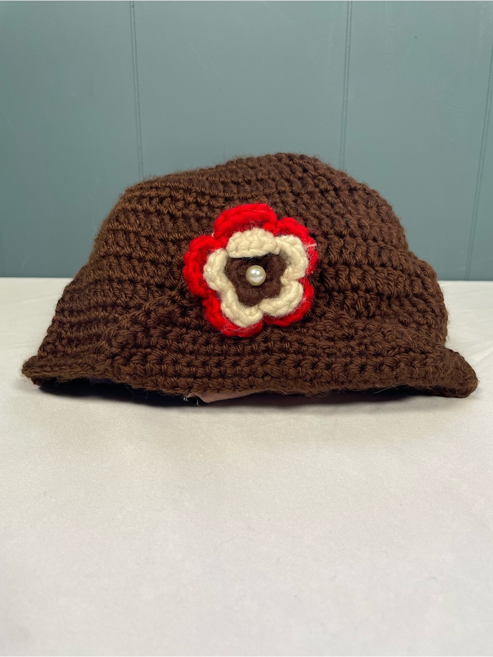 VTG Inspired Handmade Brown Crochet Cloche Hat with Flower Pearl Button Accent